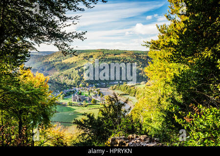 View from the Devil's Pulpit over the Wye Valley and Tintern Abbey in Monmouthshire, Wales.