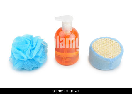 shampoo and sponge isolated on white background Stock Photo