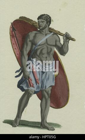 Portrait of a 'Jaga', a portugese word for African warriors in the kingdom of the Congo, holding a weapon, 1849. From the New York Public Library. Stock Photo