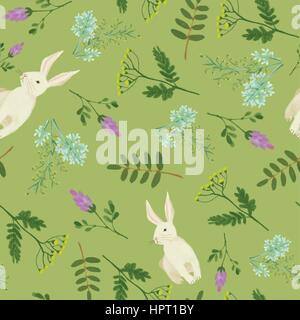 Seamless pattern with cute bunnies and some food for them Stock Vector