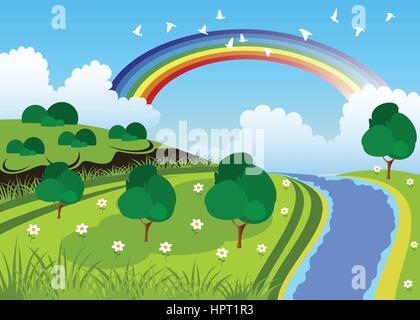 Illustration of a river and a beautiful landscape Stock Vector Image ...