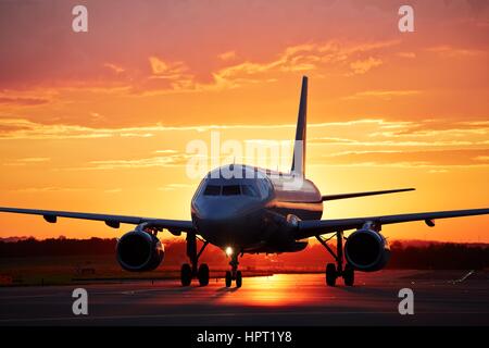 Airplane is landing in Prague airport, Czech Republic Stock Photo