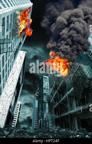 Detailed destruction of fictitious city with fires and explosion. Concept of war, natural disasters, judgement day, fire, nuclear accident or terroris Stock Photo