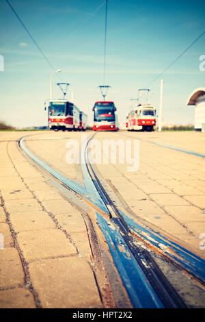 Terminal station of the tram lines in Prague - selective focus Stock Photo