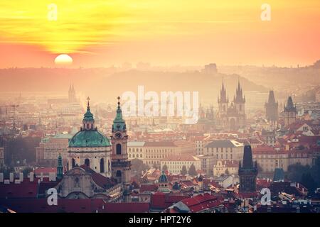 Cityscape of Prague at the sunrise - Czech Republic Stock Photo