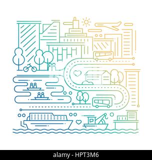 City Life - line design composition - color gradient Stock Vector