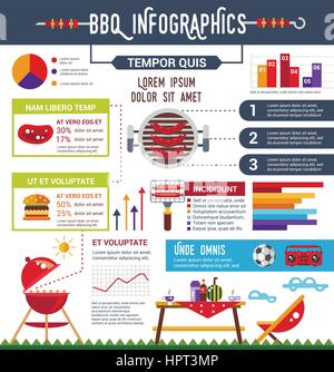 Bbq info poster, brochure with flat icons and inforgrapics Stock Vector
