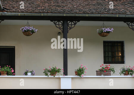 Bran, Romania, July 4, 2009: The porch with flowers of Vama museum near Bran castle in Transylvania, Romania. Stock Photo