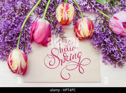 frame from tulips and lilac and place for text greeting card and text Hello Spring. Calligraphy lettering. Stock Photo