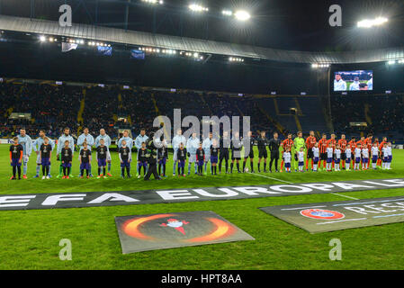 Kharkiv, Ukraine. 23rd February 2017. Two teams before the Europa League Round of 32 reverse match between Shakhtar (Donetsk, Ukraine)  and Celta (Vigo, Spain) at Metalist Stadium on February 23, 2017 in Kharkiv, Ukraine Credit: Anatoliy Cherkasov/Alamy Live News Stock Photo