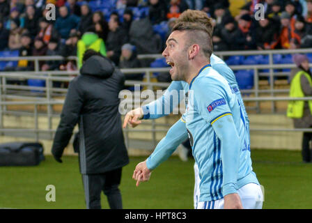 Kharkiv, Ukraine. 23rd February 2017. Celta players are celebrating second goal during the Europa League Round of 32 reverse match between Shakhtar (Donetsk, Ukraine)  and Celta (Vigo, Spain) at Metalist Stadium on February 23, 2017 in Kharkiv, Ukraine Credit: Anatoliy Cherkasov/Alamy Live News Stock Photo