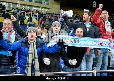 Kharkiv, Ukraine. 23rd February 2017. FC Celta fans during the Europa League Round of 32 reverse match between Shakhtar (Donetsk, Ukraine)  and Celta (Vigo, Spain) at Metalist Stadium on February 23, 2017 in Kharkiv, Ukraine Credit: Anatoliy Cherkasov/Alamy Live News Stock Photo