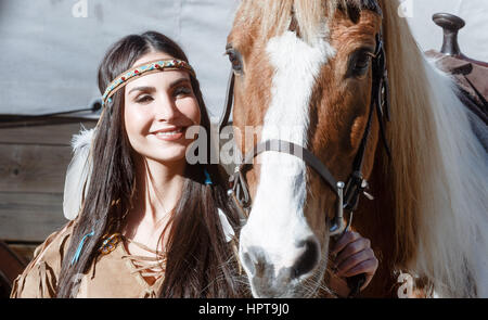 Bad Segeberg, Germany. 24th Feb, 2017. Turkish-German actress Sila Sahin-Radlinger dressed in the role of the Comanche Lea-Thsina in Bad Segeberg, Germany, 24 February 2017. Sahin-Radlinger will play the role in this year's staging of Karl May's 'Old Surehand' between the 24.07.17 and the 03.09.17. Photo: Markus Scholz/dpa/Alamy Live News Stock Photo