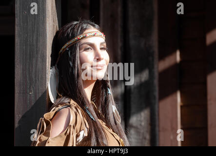 Bad Segeberg, Germany. 24th Feb, 2017. Turkish-German actress Sila Sahin-Radlinger dressed in the role of the Comanche Lea-Thsina in Bad Segeberg, Germany, 24 February 2017. Sahin-Radlinger will play the role in this year's staging of Karl May's 'Old Surehand' between the 24.07.17 and the 03.09.17. Photo: Markus Scholz/dpa/Alamy Live News Stock Photo