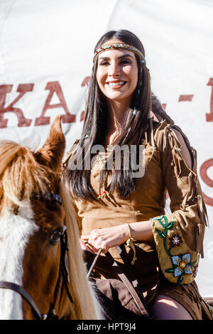 Bad Segeberg, Germany. 24th Feb, 2017. Turkish-German actress Sila Sahin-Radlinger dressed in the role of the Comanche Lea-Thsina in Bad Segeberg, Germany, 24 February 2017. Sahin-Radlinger will play the role in this year's staging of Karl May's 'Old Surehand' between the 24.07.17 and the 03.09.17. Photo: Markus Scholz/dpa/Alamy Live News Stock Photo