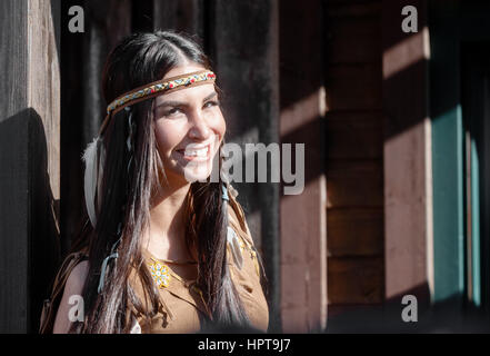 Bad Segeberg, Germany. 24th Feb, 2017. Turkish-German actress Sila Sahin-Radlinger dressed in the role of the Comanche Lea-Thsina in Bad Segeberg, Germany, 24 February 2017. Sahin-Radlinger will play the role in this year's staging of Karl May's 'Old Surehand' between the 24.07.17 and the 03.09.17. Photo: Markus Scholz/dpa/Alamy Live News Stock Photo