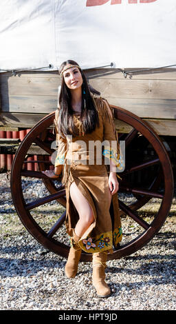 Bad Segeberg, Germany. 24th Feb, 2017. Turkish-German actress Sila Sahin-Radlinger dressed in the role of the Comanche Lea-Thsina in Bad Segeberg, Germany, 24 February 2017. Sahin-Radlinger will play the role in this year's staging of Karl May's 'Old Surehand' between the 24.07.17 and the 03.09.17. Photo: Markus Scholz/dpa/Alamy Live News Stock Photo