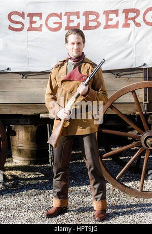 Bad Segeberg, Germany. 24th Feb, 2017. German actor Alexander Klaws dressed in the role of Old Surehand in Bad Segeberg, Germany, 24 February 2017. Klaws will play the role in this year's staging of Karl May's 'Old Surehand' between the 24.07.17 and the 03.09.17. Photo: Markus Scholz/dpa/Alamy Live News Stock Photo