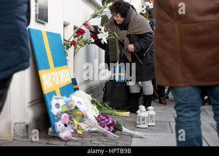 An estimated 100 people gathered outside the Swedish Embassy in Copenhagen for a mock memorial to show solidarity over an event that never happened.   Last week US president Donald Trump said, 'Look at what happened last night in Sweden,' during a speech condemning Muslim immigration to western countries.   Baffled Swedes argued that the evening in question was uneventful. To highlight the mistake, Danish artist Artpusher organised a mock memorial. He said, ”Following the terrible attack on our sister country Sweden, reported by US president Trump, the Nordic countries must stand United.' Stock Photo