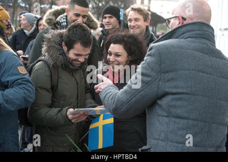 An estimated 100 people gathered outside the Swedish Embassy in Copenhagen on Friday for a mock memorial to show solidarity over an event that never happened.   Last week US president Donald Trump said, 'Look at what happened last night in Sweden,' during a speech condemning Muslim immigration to western countries.   Baffled Swedes argued that the evening in question was uneventful. To highlight the mistake Danish artist Artpusher organised a mock vigil. He said, ”Following the terrible attack on our sister country Sweden, reported by US resident Trump, the Nordic countries must stand united' Stock Photo