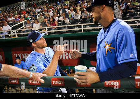 Fort Myers, Florida, USA. 24th Feb, 2017. WILL VRAGOVIC | Times.Tampa Bay Rays shortstop Brad Miller (13) talks with Tampa Bay Rays first base coach Rocco Baldelli (15) of the game between the Minnesota Twins and the Tampa Bay Rays at Hammond Stadium in Fort Myers, Fla. on Friday, Feb. 24, 2017. Credit: Will Vragovic/Tampa Bay Times/ZUMA Wire/Alamy Live News Stock Photo