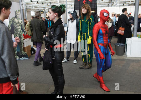 Copenhagen, Denmark. 25th Feb, 2017. Denmark, Copenhagen, February 25th 2017. Copenhagen Comics is Denmark's international comics festival and the biggest of its kind in the country. The festival celebrates the wonderful art of comic books, graphic novels, cartoons and manga during a weekend of panel discussions, lectures, workshops. Here Spiderman is walking around with other cosplayers Credit: Gonzales Photo/Alamy Live News Stock Photo