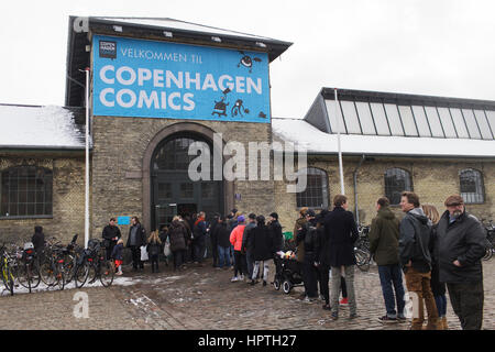 Copenhagen, Denmark. 25th Feb, 2017. Denmark, Copenhagen, February 25th 2017. Copenhagen Comics is Denmark's international comics festival and the biggest of its kind in the country. The festival celebrates the wonderful art of comic books, graphic novels, cartoons and manga during a weekend of panel discussions, lectures, workshops. Here people line up outside Øksnehallen where the festival takes place. Credit: Gonzales Photo/Alamy Live News Stock Photo