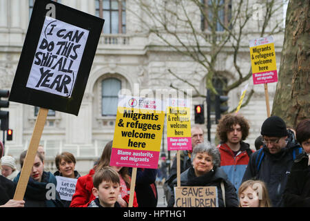 Downing Street, London, UK. 25th Feb, 2017. Protesters demonstrate outside Downing Street calling on the UK Government to reconsider the ending of the Dubs Amendment scheme that allows unaccompanied child refugee migrants a safe passage into the UK. Lord Dubs arrived in the UK himself as a child refugee, along with nearly 10,000 predominantly Jewish children who were fleeing Nazi controlled Europe. Credit: Dinendra Haria/Alamy Live News Stock Photo