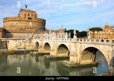 Castel Sant Angelo, with the bridge Pont Sant Angelo across the River Tiber in Parco Adriano district, Rome, Italy Stock Photo