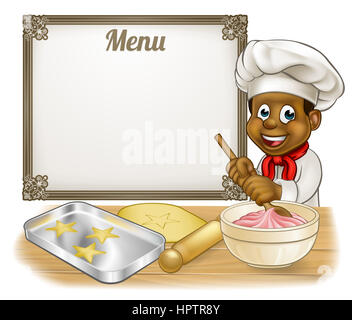 Black baker or pastry chef cartoon character baking with a menu sign in the background Stock Photo