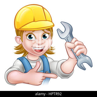 A plumber or mechanic handyman cartoon character holding a spanner and pointing Stock Photo