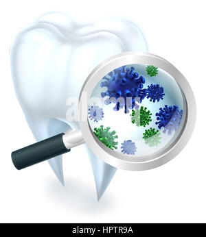 A medical dental illustration of a tooth covered in bacteria viewed through a magnifying glass Stock Photo