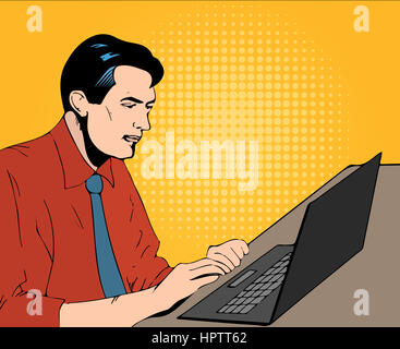 man with computer in office comics illustration Stock Photo