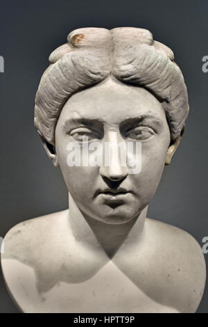An ancient Roman marble portrait bust of the Empress Bruttia Crispina (164–191 AD), wife and consort of Emperor Commodus, dating to circa 178–180 AD, housed at the Altes Museum in Berlin, Germany. Stock Photo