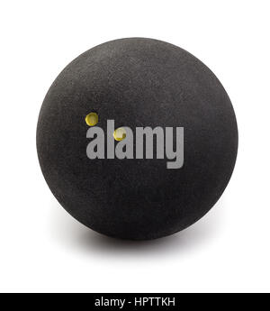 Squash ball with two dots isolated on white with clipping path. Closeup of black rubber squash ball Stock Photo