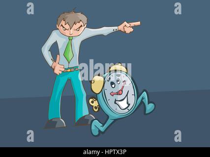 Angry man upset pointing to the left and a clock running. Stock Vector