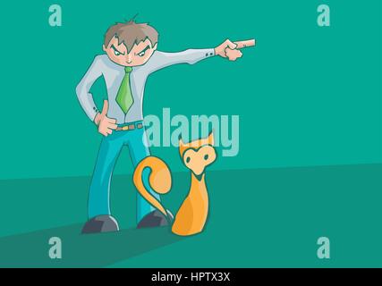 Angry man upset pointing to the left. cute fox resting. Stock Vector