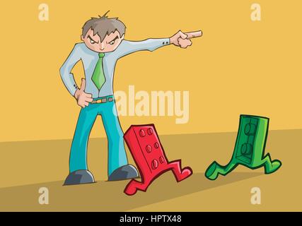 Angry man upset pointing to the left. Toy bricks running. Stock Vector