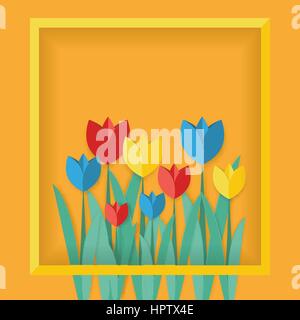 Multicolored paper tulips in a yellow frame on an orange background Paper art style Stock Vector