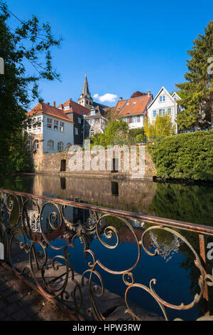 Europe, Germany, Ruhr Area, Essen-Kettwig, the mill moat and the Market church. Stock Photo