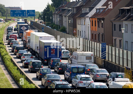 Europe, Germany, Essen, traffic jam on Autobahn A 40 in Essen-Frillendorf Stock Photo