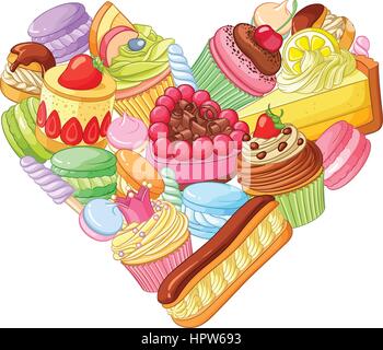 Cute colorful heart from sweets, pastry and cupcakes. Vector illustration isolated on white background. Stock Vector