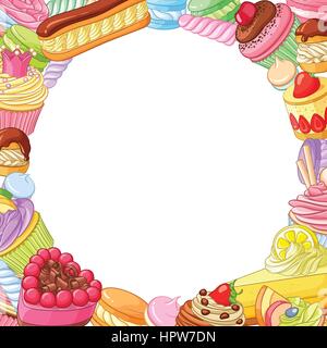 Round vector frame with variety of assorted desserts, pastries, sweets, candies, cupcakes and macaroons. Stock Vector