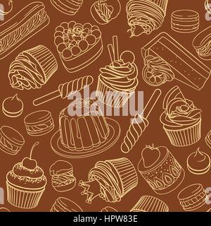 Assorted desserts, pastries, sweets, candies, cupcakes and macaroons. Linear seamless vector pattern. Stock Vector