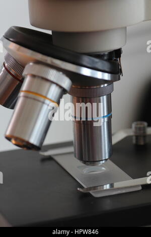 Microscope stage with microscope slide and high power objective lens Stock Photo