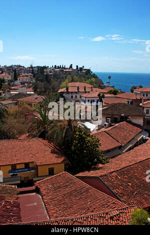 Elevated view looking over the rooftops of the old town of Kaleici, Antalya Turkey. Stock Photo