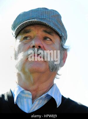Actor and comedian Bill Murray sporting a tweed cap and Mutton Chops mustache during the AT&T Pebble Beach National Pro-Am golf tournament February 6, 2013 in Monterey, California.