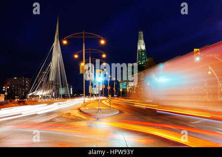 Winnipeg night, traffic on the Provencher Bridge. Stock Photo