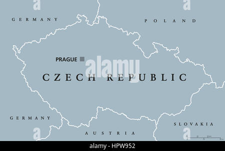 Czech Republic political map with capital Prague, national borders and neighbor countries. Also Czechia, a landlocked nation state in Central Europe. Stock Photo
