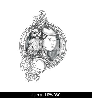 Tattoo style illustration of Athena or Athene, the goddess of wisdom, craft, and war in ancient Greek religion and mythology with owl perched on shoul Stock Photo